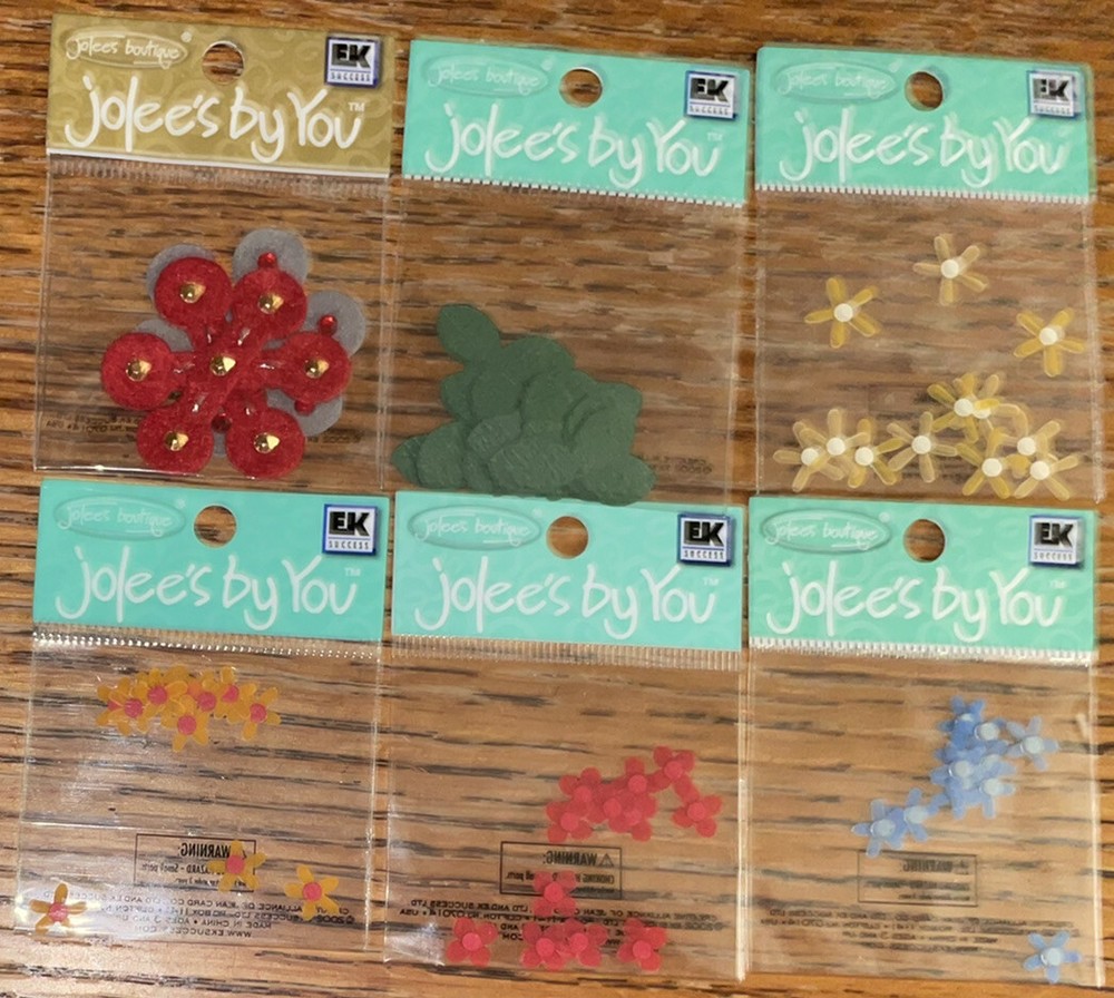 Lot #3- 6 Jolees Mini Flowers Red Blue Orange Yellow Gray Leaves Leaf Scrapbook