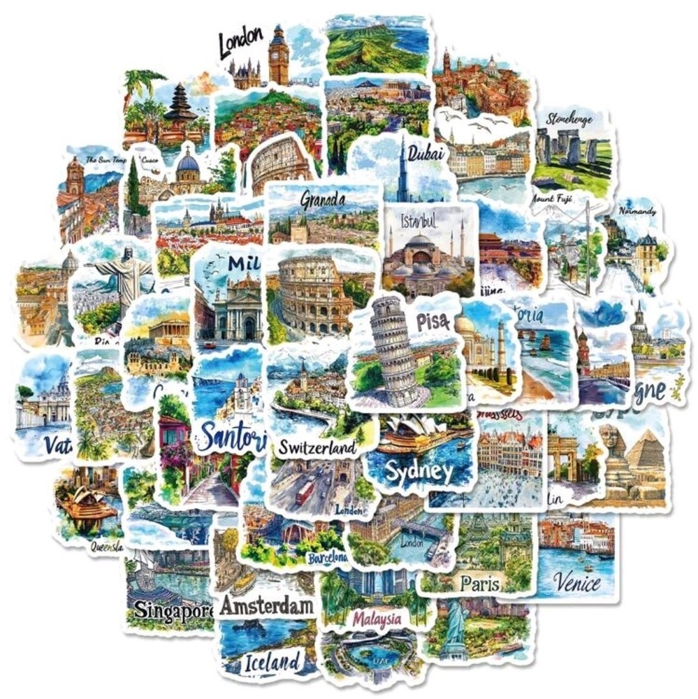 50 Pcs Retro European World Travel Cities Vinyl Waterproof Journal Refrigerator