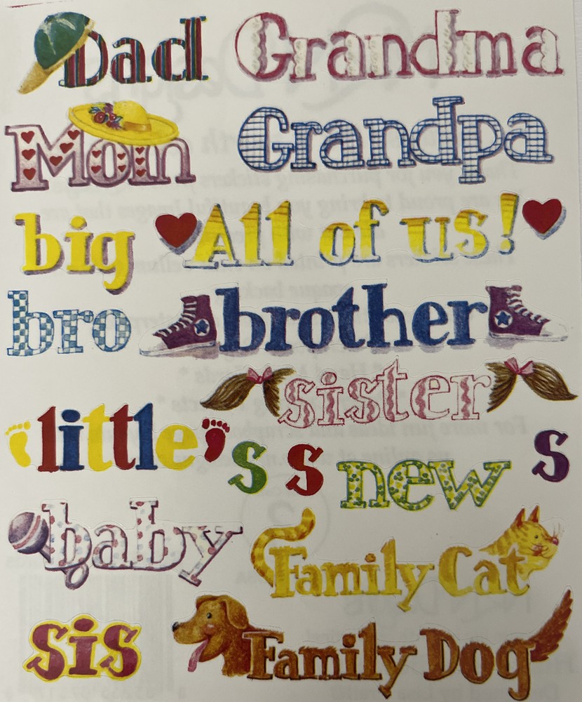 FAMILY WORDS Stickers (17pc)NRN Design•Mom•Dad•Grandma•Grandpa •Baby•Sister•Bro•