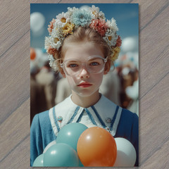 STICKER Girl Balloons Retro Glasses Flower Crown Blue Dress Surreal Expression