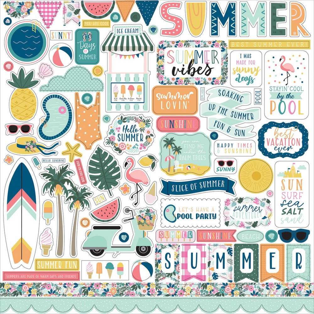 (1) 12×12 Sheet of Echo Park Paper POOL PARTY Scrapbook Element Stickers