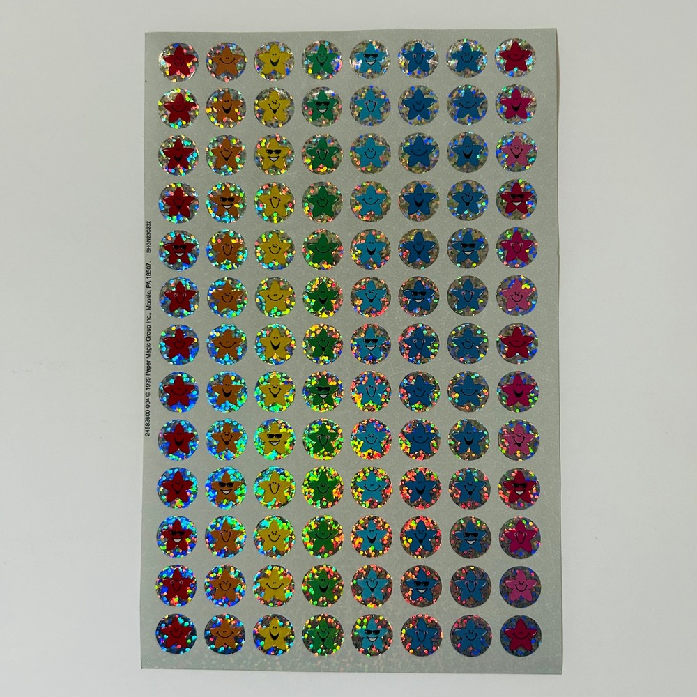 Vintage 1999 Sparkle Glitter Stickers SMILEY STAR FACES Red Blue Yellow Orange