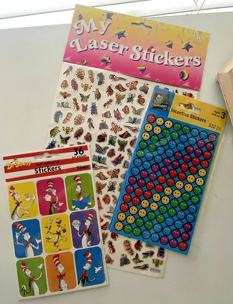 1000+ New Classroom Stickers Lot ~ Dr. Seuss Cat in the Hat, Smiley Faces, Bugs