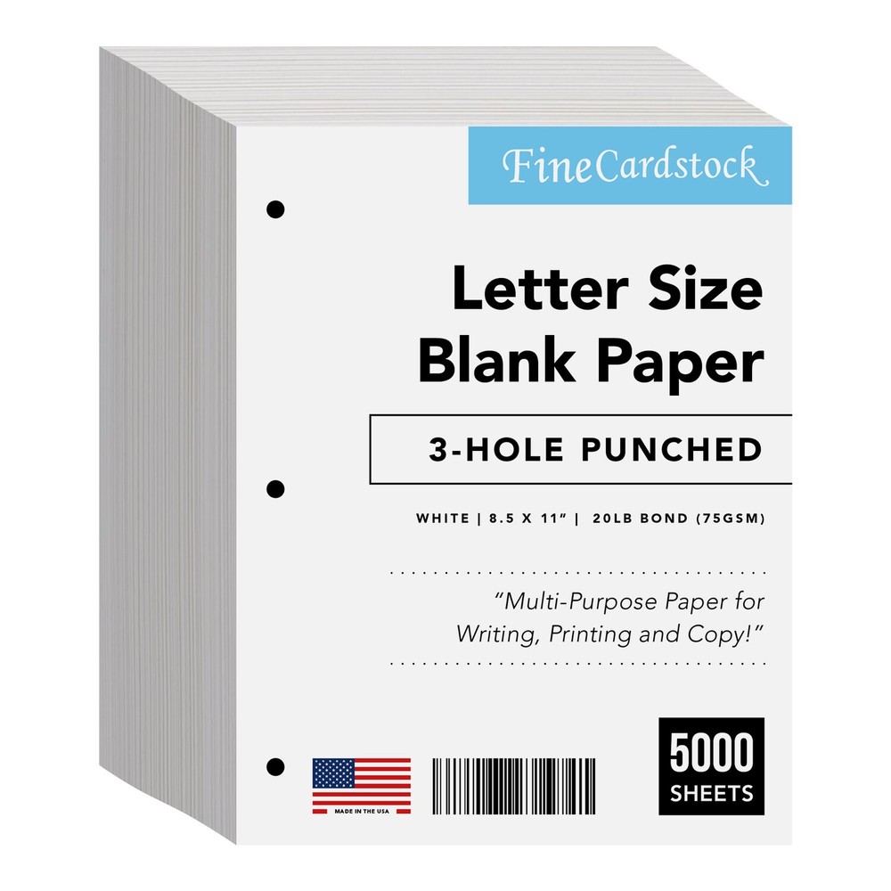3 Hole Punched – White Regular Copy Paper – 8.5 x 11″ – 5000 Sheets per Case