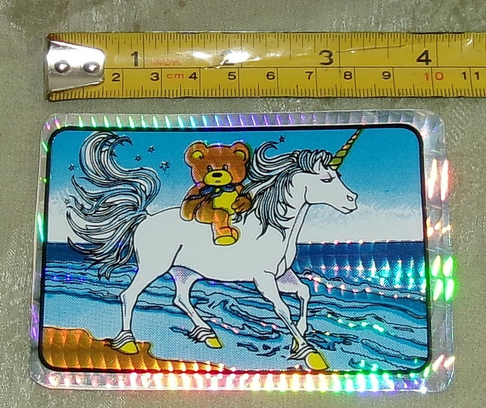 Vintage 80s Holographic Prism Vending Teddy Bear Unicorn Ocean Sticker Pegasus