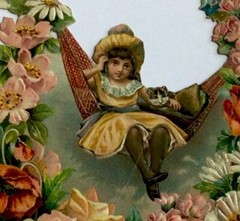 Vtg Die Cut Girl With Kitten Swinging In Hammock Flower Border Roses