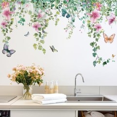 Flower Vine Wall Decals Hanging Green Leaves Wall Stickers Butterfly Flower Plan