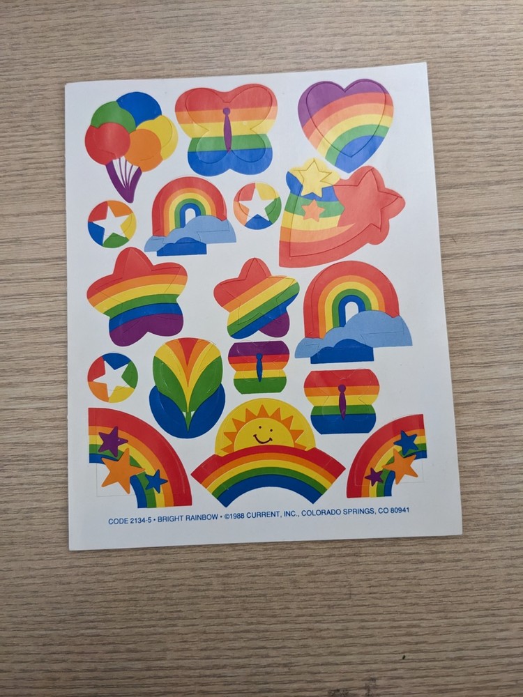 NEW Vintage Current Bright Rainbow Stars Butterflies Hearts Sticker Sheet 1988