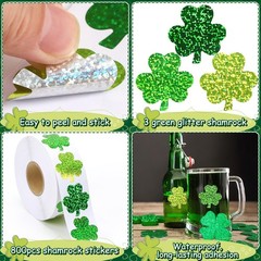800 Pcs St. Patrick’s Day Stickers, Glitter Shamrock Roll, Multicolor, Vinyl, W