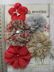 RED Floral GREY LATTE Mix Fabric 5 Flower Pack 50-75mm Manor House
