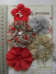 RED Floral GREY LATTE Mix Fabric 5 Flower Pack 50-75mm Manor House