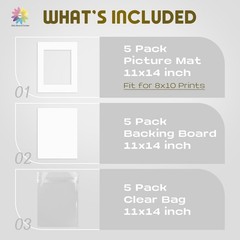 Mat Board Center, Pack of 5 Bevel Cut 11×14 White Mat for 8×10 Photo with Whi…