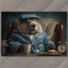 STICKER Cozy Groundhog Drinking Coffee Chair Alarm Clock Breakfast Morning