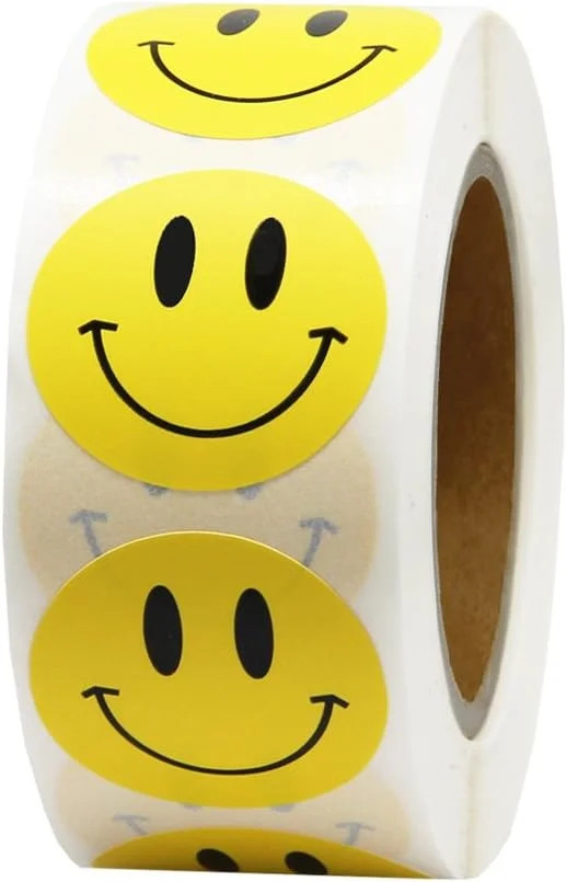 Hcode Happy Face Paper Stickers, 1 Inch Yellow, 500 Pieces per Roll, Permanent A