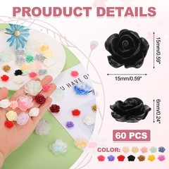 15mm Resin Rose Flatback Charms, 60 Pcs Cabochon Embellishment, Mixed Colors