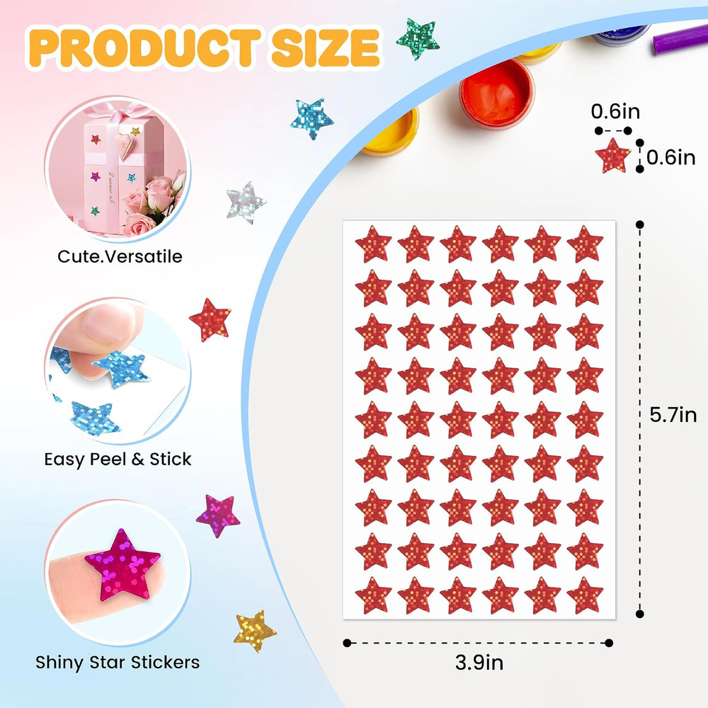 1,620 Holographic Glitter Star Stickers 0.6″, 6 Colors Self-Adhesive Mini Sti…
