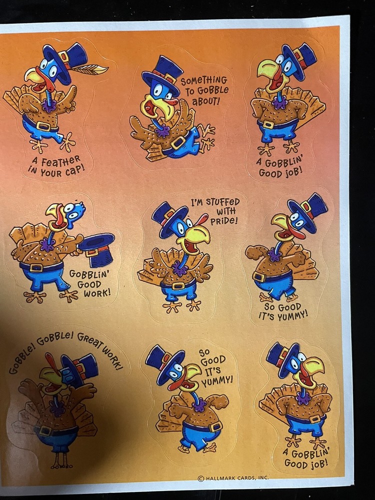 3 Sheets VINTAGE HALLMARK THANKSGIVING STICKERS TURKEYS TEACHER REWARDS