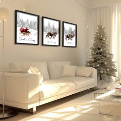 Set of 3 Framed Christmas Wall Art Farmhouse Santa Claus Is Coming To Town Wa…