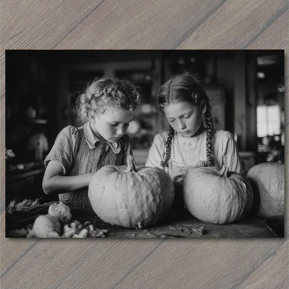 STICKER Two Girls Carving Pumpkins Rustic Farmhouse Halloween Charm