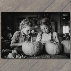 STICKER Two Girls Carving Pumpkins Rustic Farmhouse Halloween Charm