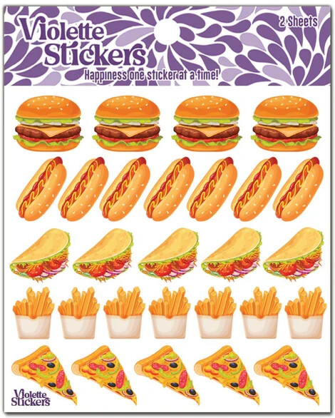 Violette Stickers 2 Sheets Mini Fast Food Pizza Fries Tacos Hot Dogs Hamburgers