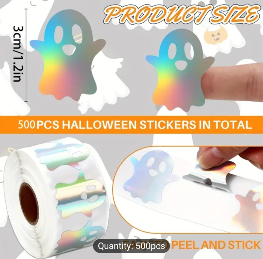 500 pc Sticker Seals Roll Holographic Foil Ghost Precut Eyes Mouth Self Adhesive
