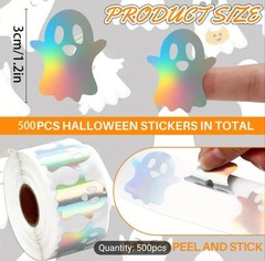 500 pc Sticker Seals Roll Holographic Foil Ghost Precut Eyes Mouth Self Adhesive