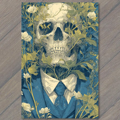STICKER Skull Flowers Bloom Suit Blue Botanical Gothic Surreal Illustration