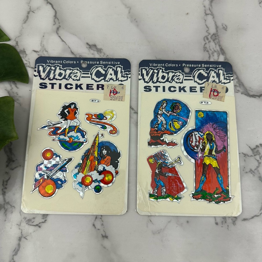 Vintage Vibra Cal Stickers Lot 2 New Space Sci-Fi Metallic Prism 80s Planets