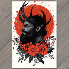 STICKER Devil Profile Giant Horns Red Flowers Splatter Circle Black Beard
