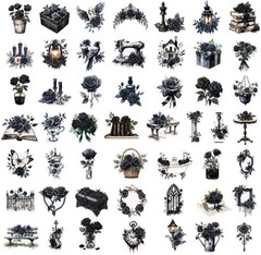 50 Pcs Dark Aesthetic Gothic Transparent Stickers,Black Rose Flower Stickers Pac