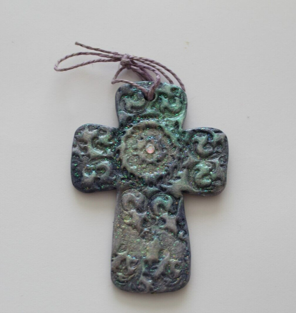 Cross – Handmade Blue & Silver Ceramic Cross w/Iridescent Rhinestone & Glitter