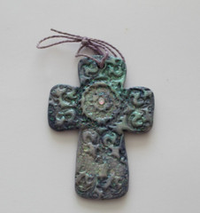 Cross – Handmade Blue & Silver Ceramic Cross w/Iridescent Rhinestone & Glitter