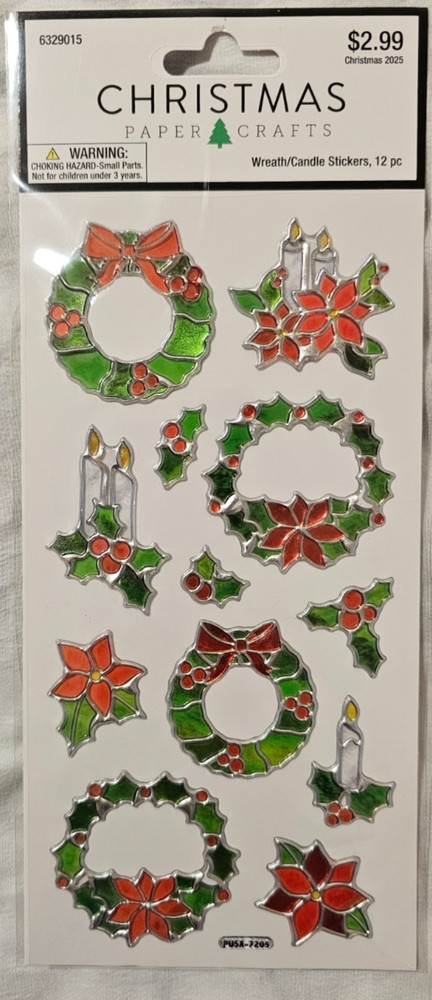 14 HL Christmas Paper Crafts Wreath, Candles Stained Glass Effect Sticker Packs