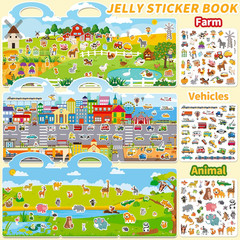 6 Sets Reusable Sticker Book for Toddlers 3-6, Jelly Stickers Book for Kids, Tra