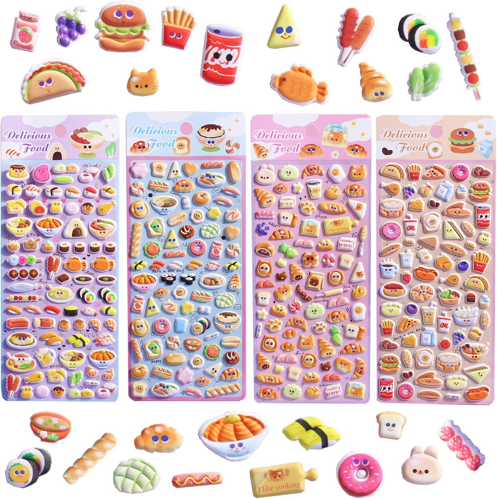 Cute Food Puffy Stickers – Hamburgers, Pizza, Hot Dogs, Donuts, and More