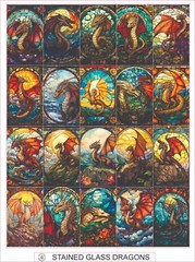 STAINED GLASS DRAGONS – COMPLETE SHEET OF 25 STICKERS