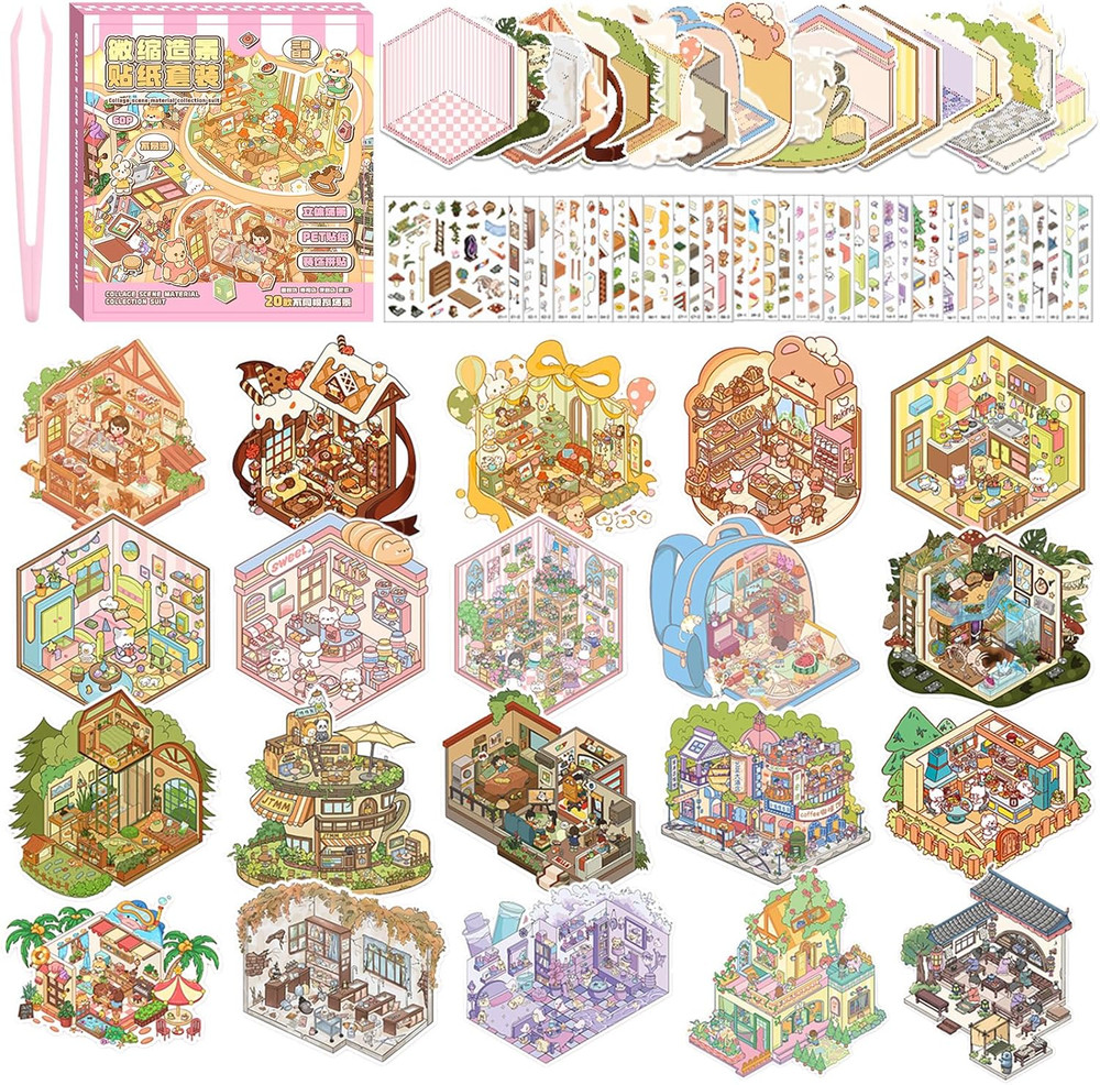 20 Sets DIY 3D Sticker Scene, Sticker Collection Book Make Your Own Shop House