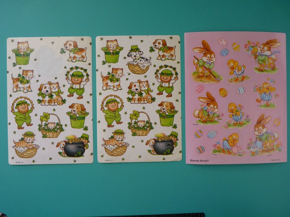 Vtg American Greetings Stickers ST PATRICKS & BLOOMER BUNNY (3) Loose Sheets