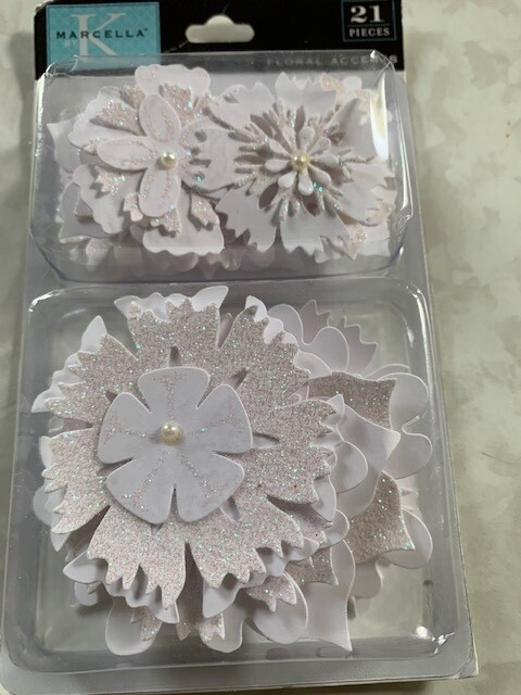 MARCELLA WEDDING FLORAL ACCENTS CARDBOARD W/ PEARLS WHITE GLITTER FLORAL 21 PCS