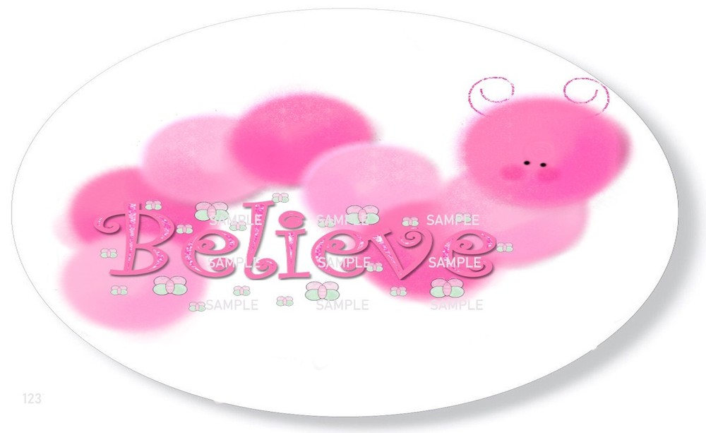 PINK CATERPILLER BELIEVE FAVORS OVAL STICKERS ENVELOPE SEALS SCRAPBOOK STICKERS