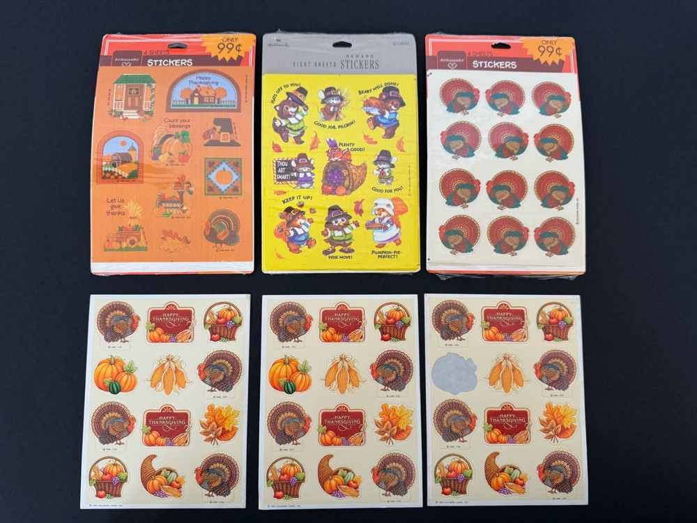 (251) Total Vintage Thanksgiving Stickers Hallmark 1983 1990s NEW SHEETS