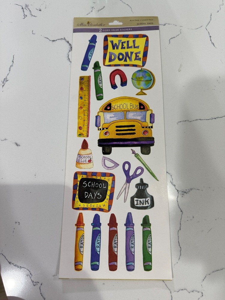 Miss Elizbeth’s 2-Sided Value School Day Stickers Crayons Bus Globe Scrapbooking