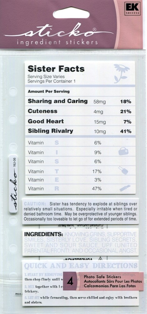 Sister Facts, 4×7″ scrapbook stickers Sticko NU06 – EK Success