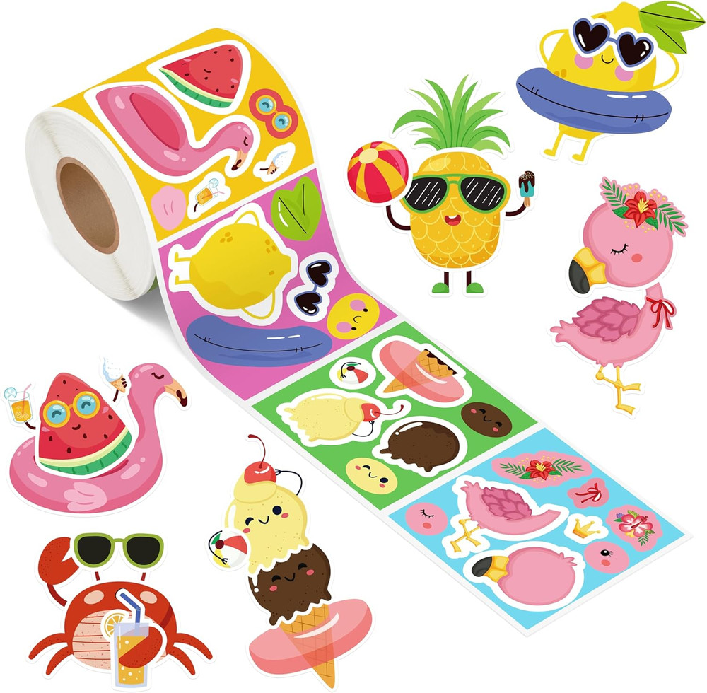 300Pcs Summer Face Stickers Roll Watermelon Pineapple Flamingo DIY Crafts