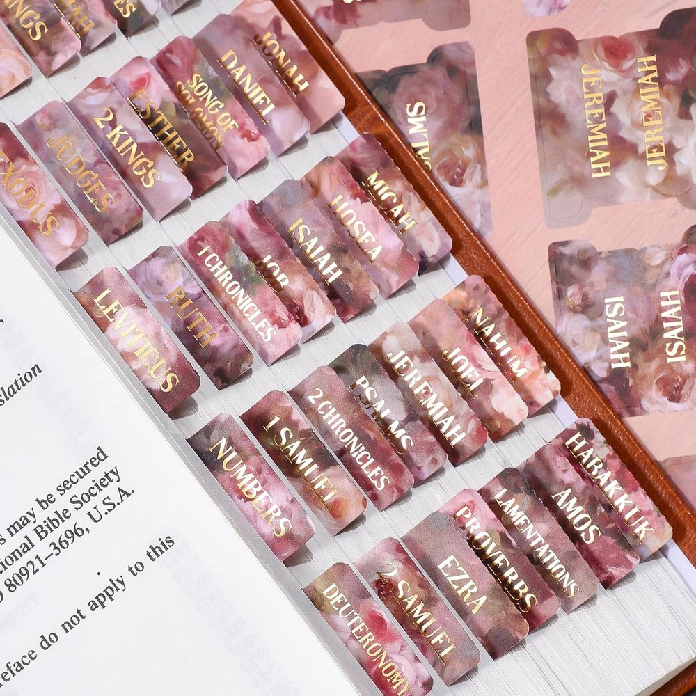 Pink Roses Bible Tabs, 105 Pcs Oil Painting Floral Gold Foil Index Tabs with Rul