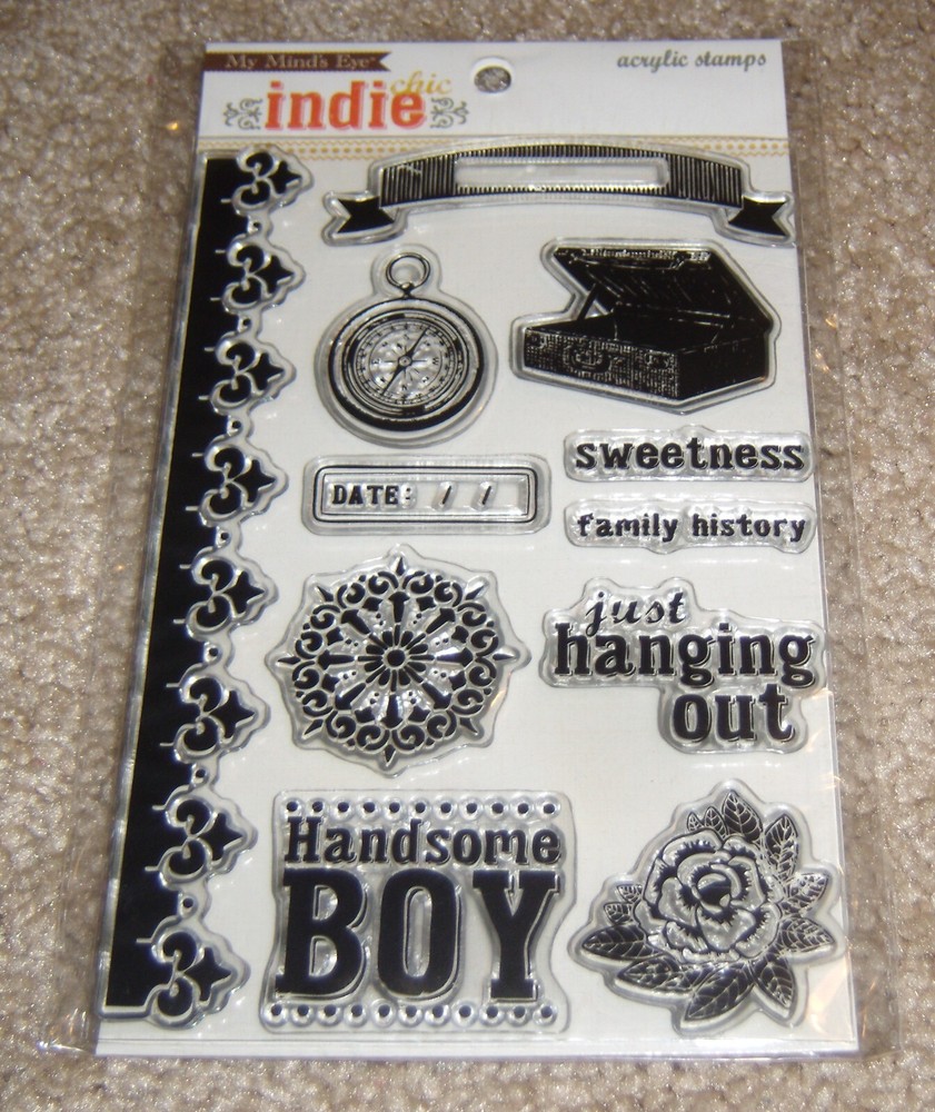 My Mind’s Eye Indie Chic Acrylic Stamp Set ~ Nutmeg «Hanging Out» Boy. NIP