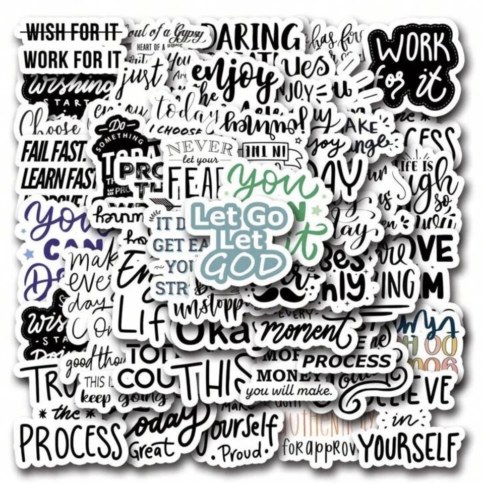50pc Black & White Inspirational Quote Sticker Pack Scrapbook, Laptop, Journal