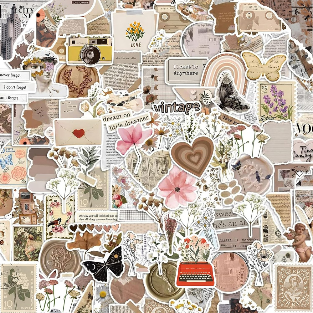 120Pcs Mixed Vintage Stickers, Waterproof Scrapbook Aesthetic Sticker for Daily