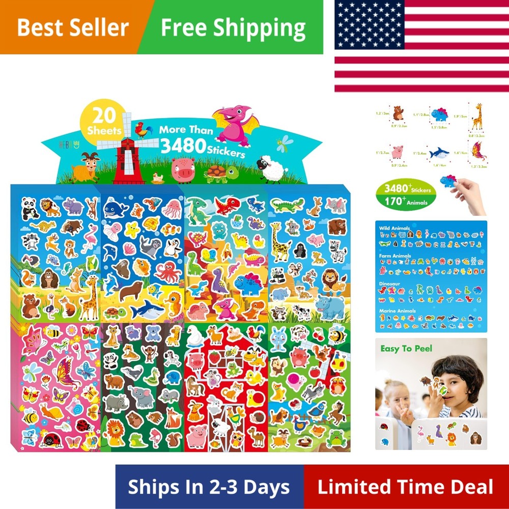 1300+ Stickers for Kids, 8 Sheets Cute Animal Stickers Bulk for Classroom Crafts